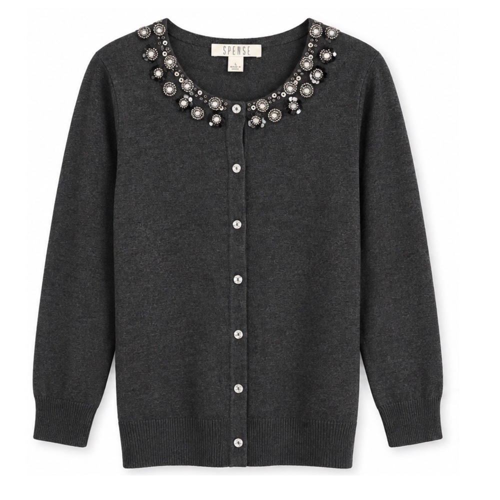 Spense Women Charcoal Gray Beaded Cardigan Floral Embellished Button Sweater